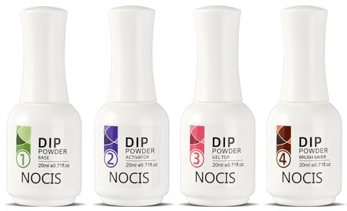 NLFOX Dipping Powder Liquid Set, 4x15ml Base Coat, Top Coat, Activator, Brush Saver for Dip Powder Nail Kit, No Need Cure, Essential Dip Liquid Set for DIY Nail Art Hankie-02