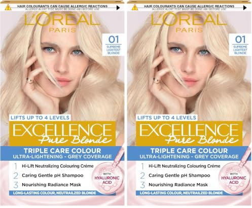 L'Oréal Paris Excellence Crème Permanent Hair Dye, Radiant At-Home Hair Colour with up to 100% Grey Coverage, Pro-Keratin, Up to 8 Weeks of Colour, Colour: 01 Lightest Natural Blonde (Pack of 2)
