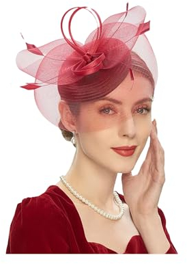 Hgvcfcv Party Vintage Fascinators für Frauen mit Feder Mesh Schleier Stirnband Braut Hochzeit Tee Party Tiara, burgunderfarben, Einheitsgröße