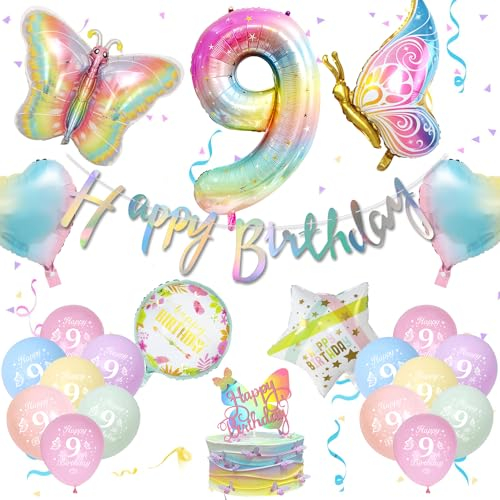 Deko 9. Geburtstag Mädchen, Schmetterling Deko mit Happy Birthday Girlande, Luftballon 9. Geburtstag, Ballons Pastell, Schmetterling Folienballon Tortendeko für 9 Jahr Party Deko