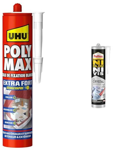 UHU Polymax extra fort- Mastic/colle de fixation MSP pour coller, assembler et jointer & Pattex Ni Clou Ni Vis | Fix Crystal – Colle de fixation extra forte pour intérieur et extérieur