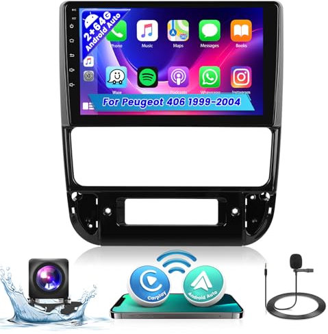 [2G+64G] Hikity Autoradio Android 15 pour Peugeot 406 1999-2004 Carplay sans Fil Android Auto 9 Pouces Écran Tactile avec GPS, WLAN, Bluetooth, Mirror Link, FM/RDS, MIC, Caméra de Recul