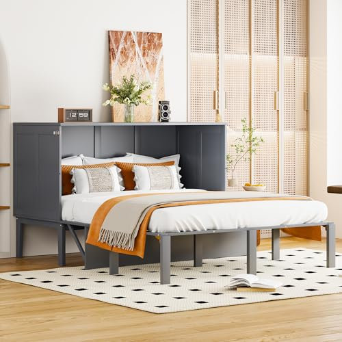 HAINEW Holzbett Schrankbett 140 × 200cm mit Lattenrost, Wandklappbett Doppelbett Klappbett Wandbett Massivholzbett Multifunktionsbett für Jugendliche oder Erwachsene (Grau)
