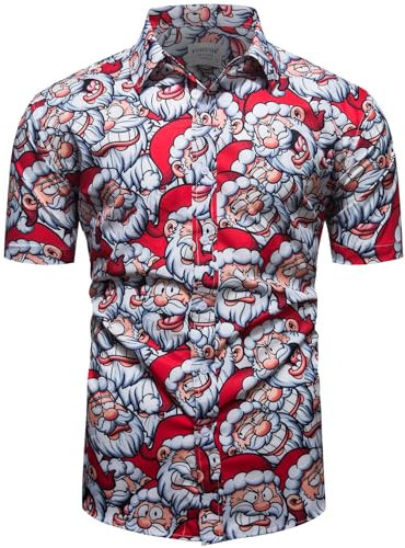 fohemr Herren Weihnachten Festival Barock Hemd Knöpfe Weihnachtsmann Schneemann Gedruckt Kurze Ärmel Party Shirt Rot Medium