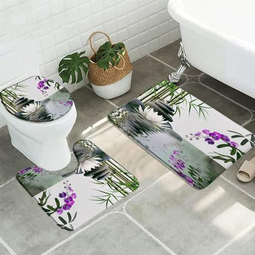 Badteppich-Set 3-Teilig Zen-Garten Spa Mit Grünem Bambus Und Seerose, Lotus, Orchidee, Blumen Und Steinen, Japanisches Asiatisches Thema Wc Vorleger Set 3 Teilig Badematte