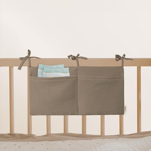 Babybett Aufbewahrungstasche aus 100% Baumwolle Musselin, für das Beistellbett, Babybett, Kinderbett. Ideal zum Verstauen von Windeln, Schnullern (Clay)