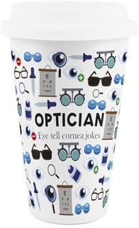 Purely Home Optician Ceramic Travel Mug - Novelty Eye Specialist/Doctor Gifts - Reusable Silicone Lid Double-Walled Insulated Hot/Cold Drinks Cup Present