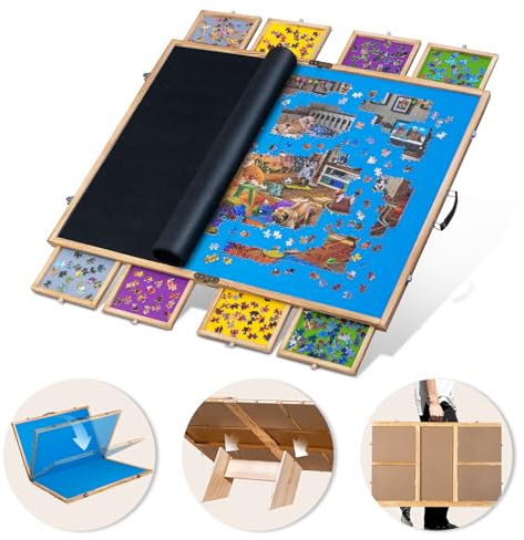 Lavievert 2000 Stück Kippbares & Faltbares Puzzlebrett mit 8 Schubladen & Abdeckung, Tragbares Holzpuzzle Plateau mit Griff, Verstellbarer Puzzletisch mit Staffelei/Ständer & Rutschfester Tischplatte