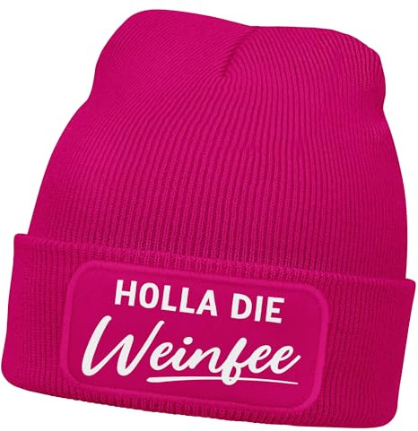 MoonWorks® Damen Beanie mit Patch Strickmütze mit Spruch Holla die Weinfee Aufdruck Lustig Damenmütze