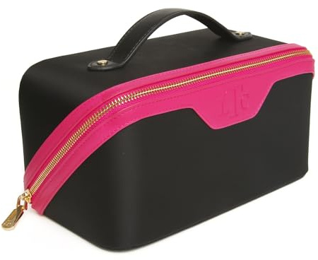 The London Train Case Co. Beauty Train Expandable Makeup Case, Vegan Leather, Two-Tone 24 x 12 x 12 cm (Black & Pink)