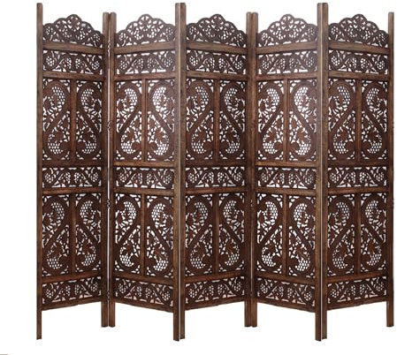 iAnanas Raumteiler – 5-teiliger Handgefertigter Paravent mit Blumenmuster aus Massivem Mangoholz & MDF, Faltbarer Sichtschutz für Wohnzimmer, Schlafzimmer, Balkon & Büro – Braun (234 x 2 x 180 cm)