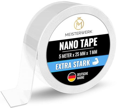 MEISTERWERK - Doppelseitiges Nano-Klebeband [EXTRA STARK] - Klebstofffrei & Spurlos dank Gecko-Effekt I Rutschfest - Waschbar & Wiederverwendbar