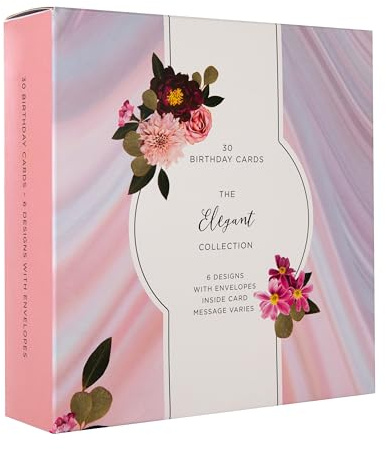 Hallmark Birthday Cards, 30-Pack, Elegant Collection, 6 Designs | Florals, Cupcakes, Polka Dots, Size 16cm x 16cm, White Envelopes, Message Inside Cards Depends on the Design