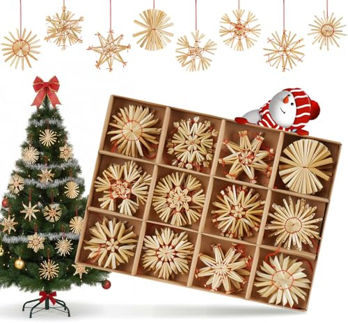 Anstore Strohsterne Anhänger 6cm Handgemacht Weihnachtsbaum, 36 Stück Weihnachtsbaumanhänger Naturstroh, 12 Modelle Retro Bastelset Strohsterne Christbaumschmuck, Christbaumanhänger Weihnachtsdeko