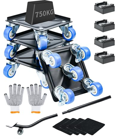 Möbelrollen für Schwere Möbel Transportrollen Schwerlast Verbesserter 5 Räder 100% Kohlenstoffstahl Möbelheber mit Bremsen 4 Möbelroller mit 1 Lastenheber Transporthilfe Tragkraft bis 1000kg