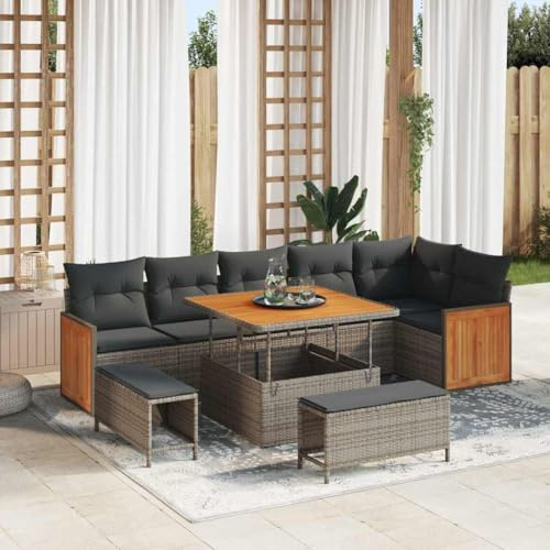 QJBSAVVA Gartensofa Set 9-Teilig Polyrattan Outdoor Lounge Eckbank mit Stauraum 100x100x71 cm Graue Gartenmöbel Sitzecke für Terrasse Balkon