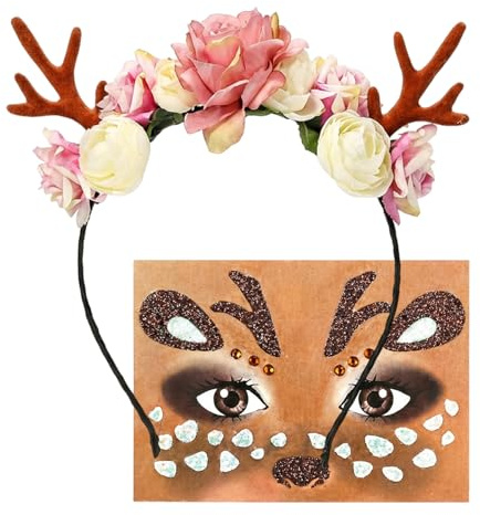 Fsahiuf Reh Kostüm Damen Kinder Fasching,Rentier Haarreif mit Blumen und Rentier Gesicht Tattoos,Reh Haarband Haarschmuck Set für Fasching Karneval Mottoparty Weihnachten Cosplay