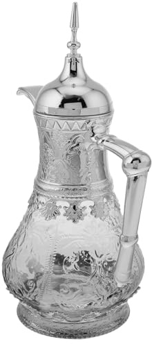 DECOMELODY Pichet à Eau en Verre Style Moyen-oriental 1,6 L Argenté, Carafe Froide et Chaude Résistante, pour Réfrigérateur et Service de Boissons, Compatible Théière et Jus, Design Oriental