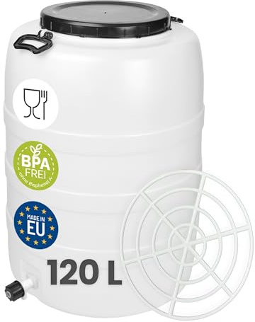 Garronda 120 L mit Hahn und Pressring Weithalsfass Futtertonne HDPE GD-0187 | Mit Deckel, für Wasser, Lebensmittel, Lagerung und Fermentierung, als Kunststofffass, Regenfass, Gärbehälter und Vorratsfass