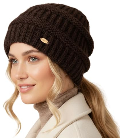 TOP-EX Damen Wintermütze mit verstecktem Zopfloch & abnehmbarem Kunstfell-Bommel, Fleecegefütterte Strickmütze, Warm Beanie für Pferdeschwanz, Thermomütze für Outdoor Ski Laufen, Kastanienbraun