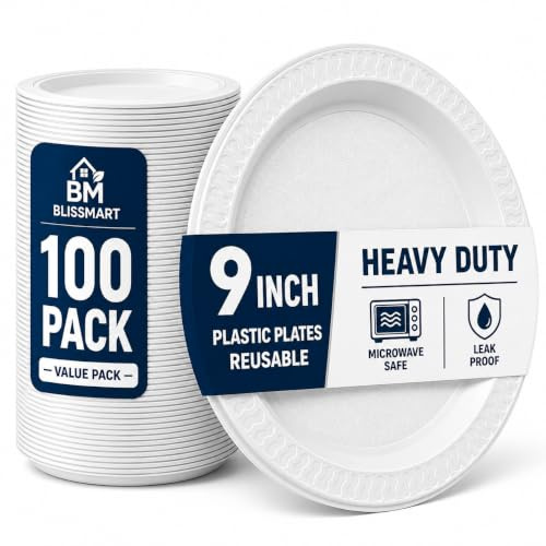 BLISSMART 100 White Plates Reusable and Washable Heavy Duty 9 Inch Dinnerware Durable Food Grade BPA Free Premium Quality for Parties Catering Camping Buffet and Everyday Use (White 9inch Plates)