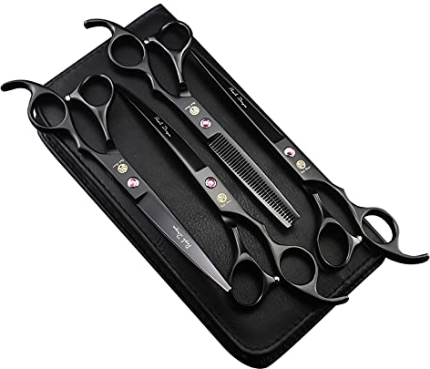 Purple Dragon Fellscheren für Hunde Profi 7,0 Zoll Hundescheren Set mit Effilierschere zur Fellpflege Gebogene Haustier Fellscheren Set Hunde Haarschere Set aus Japan 440C Edelstahl (Schwarz)