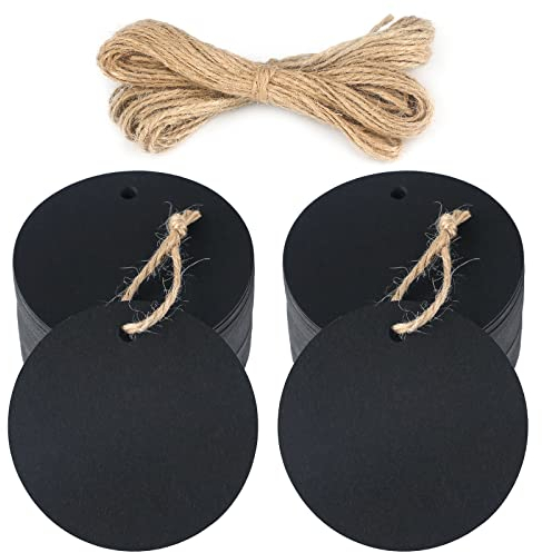 Rund Geschenkanhänger Kraftpapier Etiketten 5,5 cm, 100 Stück Hängeetiketten und Juteschnur, für Handwerk, Hochzeit, Weihnachten, Geschenkverpackung (Schwarz)