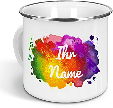 printplanet - Emaille-Tasse klein mit Namen personalisiert - Motiv Color Paint - Nostalgie-Becher, Camping-Tasse, Blechtasse, Farbe Silber, 300ml