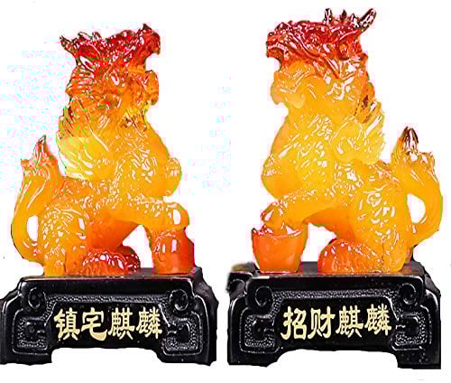 Prime Fengshui Kunstharz, 1 Paar Chi Lin/Qilin Statue Kylin Drache Pferde Reichtum Wohlstand Wohlstand Wohndeko bernsteinfarben