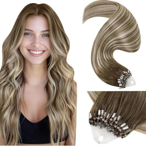 LaaVoo Microring Extensions Echthaar Balayage Blond Remy Haar 50G 50s 50cm | Microring Extensions Blond Ombre Hellbraun Balayage Platinblond Echthaar Extensions Mit Microring 1g/s