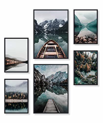 Heimlich® Premium Poster Set mit Bilderrahmen Aluminium Schwarz | 2 x DIN A3 & 4 x DIN A4 - ca. 30x42 & 21x30 | Stilvolle Poster Collagen mit passenden Bilder als Wanddeko » Wald See «