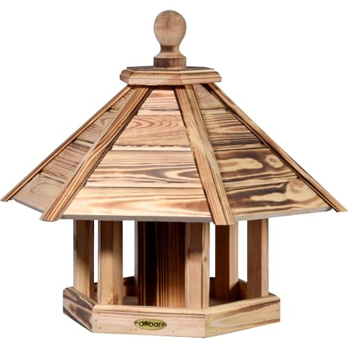 dobar® Green Label 18009FSCe Großes Vogelfutterhaus Brillo - Futterhaus aus Holz - Futterstation zum Hängen - Wildvogelfutterplatz - 45 x 45 x 47 cm - Geflammt - Für Ständermontage