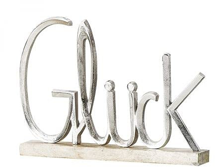 mucHome Dekoaufsteller Schriftzug Glück Aluminium auf Holzbasis Breite:41cm Skulptur Deko