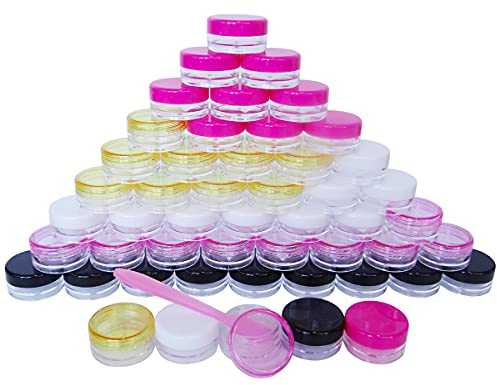GreatforU 50 Pack 3g Makeup Sample Jars, 3ml Empty Small Cosmetic Containers, BPA Free, Plastic Round Pot Black Screw Cap Lid, Tiny 3 Gram Bottle for Makeup Eye-shadow Cream Bath Lotion Lip Gloss Balm
