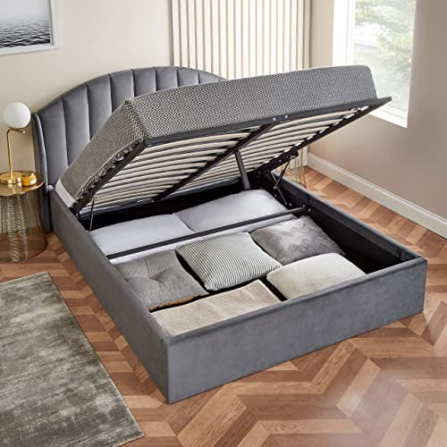 Home Treats Grey Double Ottoman Bed Curved | Winged Headboard Ottoman Storage Bed | Velvet Upholstered Bed Frame 4FT6 135 x 190 cm (Double, No Mattress)