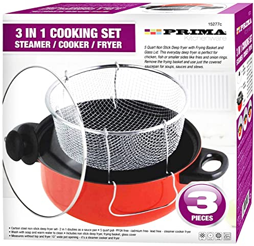 3 in 1 Prima Deep Fryer Cooking Set Home Kitchen Chef Food RED Cooker Chip Fry Pan Non Stick Pot Steamer Basket Glass Lid UK Free P&P