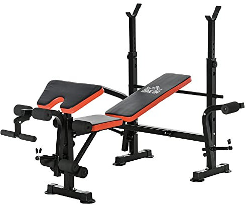 HOMCOM Banco de Pesas Multifuncional Banco de Musculación con Respaldo Ajustable Soporte de Barras Extensión de Piernas Almohadilla de Predicador Mariposa Entrenamiento en Gimnasio Oficina Negro