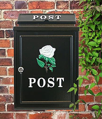 Aurahome ® Weatherproof Post Box Classic Rose Design-Lockable Heavy Duty Secure Wall Mounted Letter Mail Post Box Post for Walls/Gates/Garages..Charming easy to fit (Black with White Rose)