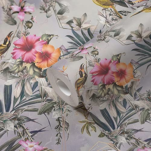 A.S. Création Vliestapete Vögel Grau Rosa Floral 381782 Blumentapete für Wohnzimmer Küche 10,05x0,53m Made in Germany