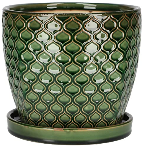 KOTARBAU® Pot de fleurs, en céramique, diamètre : 20 cm, vert, vintage, avec bac d'égouttement, motif écailles de poisson