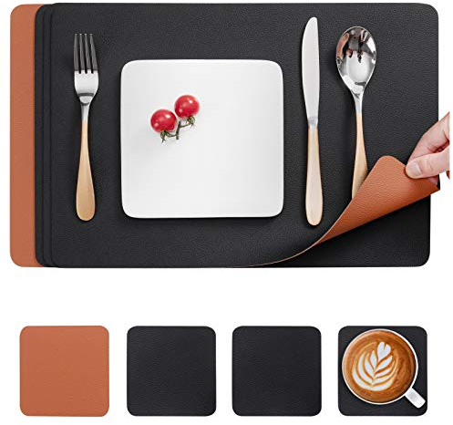 Myir JUN Tischsets Abwaschbar und Untersetzer, Tischsets Leder Platzdeckchen Platzset Abwischbar Doppelseitigen Tischsets Umkehrbares Tischset rutschfest Tischset Lederoptik Schwarz Braun