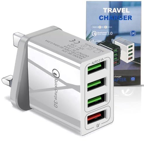 USB Charger Plug UK, 32W 4-Port USB Fast Charger Plug with Quick Charge 3.0 – Multi U SB Plug Wall Charger Intelligent US B Plug Fast Charger iPhone 12/11/X, iPad, Samsung S21/S20/S10, Android Devices