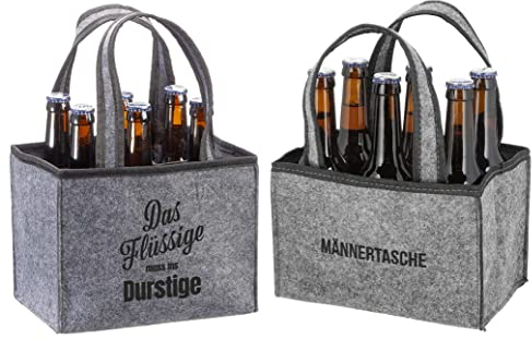 Novaliv 2er Set Flaschenträger 6 Flaschen Bierträger DAS FLÜSSIGE MUSS INS DURSTIGE & MÄNNERTASCHE Männerhandtasche Filz Herrenhandtasche Bier Flaschentasche 22,5x15x14cm (LxBxH)