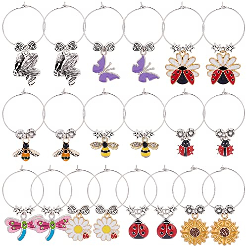 BENECREAT 20Sets 10 Styles Garden Theme Alloy Emaille Wine Glass Charms, Blume, Biene, Schmetterling, Käfer, Weinglas, Anhänger, Marker, Kennzeichnung Für Stängelglas-Dekoration