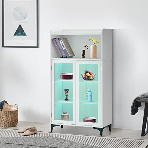 LEMROE White Sideboard with LED Lights Modern Display Cabinets with Glass Doors and Open Shelves for Living Room Kitchen Cupboards 70cm Wide (35D x 70W x 80H cm)