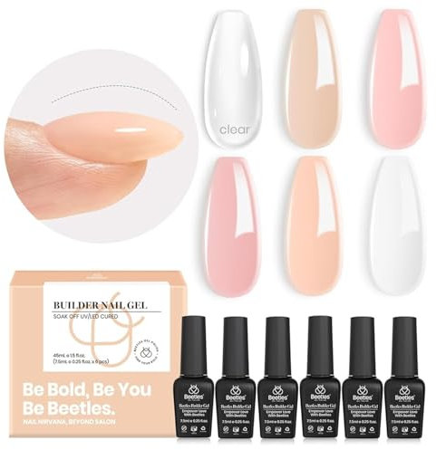 Beetles Gel Nail Polish 6 Colors Builder Nail Gel 8 in 1 Strengthener Gel Clear Builder Nude Pink Milkly Hard Gel Extension Base Nail Gel Rhinestone False Nail Tips Glue Nail Art Design Pink