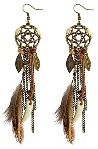 Earrings for Women Easter St Patrck Day Punk Vintage Brown Long Tassel Feather Beads Drop Wolf Tooth Pendant Earring Bohemian Fish Hook Catcher Design Earrings Gift For Women Second (Clear, One Size)