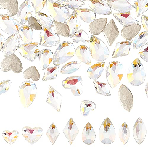 FINGERINSPIRE 64 Stück 8 Stile K9 Glas Strasssteine Edelsteine Kristall Flatback Strasssteine AB Farbe Rhombus/Pferdeauge/Träne/Herz Kristall Schmuck mit versilbert zurück für Craft Making