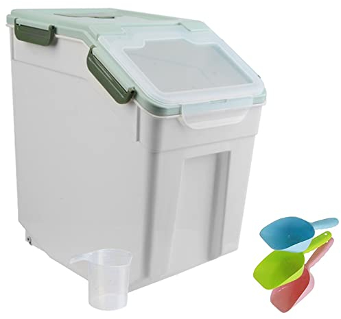 Uotyle 10KG Plastic Food Storage Container Box with Lid & Wheels – Large Airtight Pet & Kitchen Organiser Bin for Dog&Cat Food, Flour, Cereal, Nuts, Beans, Rice, Includes Measuring Cup & Scoop (Green)