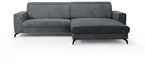 CAVADORE Ecksofa Bounce mit Cord-Bezug / L-Form-Sofa mit Longchair, Metallfüßen + Kopfteilverstellung / 290 x 88-108 x 178 / Breitcord, Grau